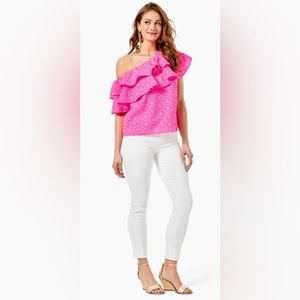 NEW Lilly Pulitzer Trixie One-Shoulder Ruffle Sun Burst Eyelet XXS $138